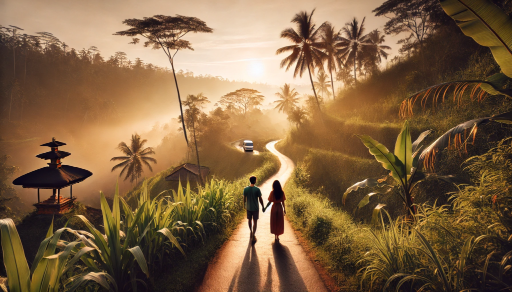 This photo shows a couple strolling at sunrise along the Campuhan Ridge walk in Ubud.
