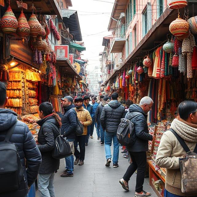 Tourists shopping at a busy street market in Srinagar, filled with Kashmiri products