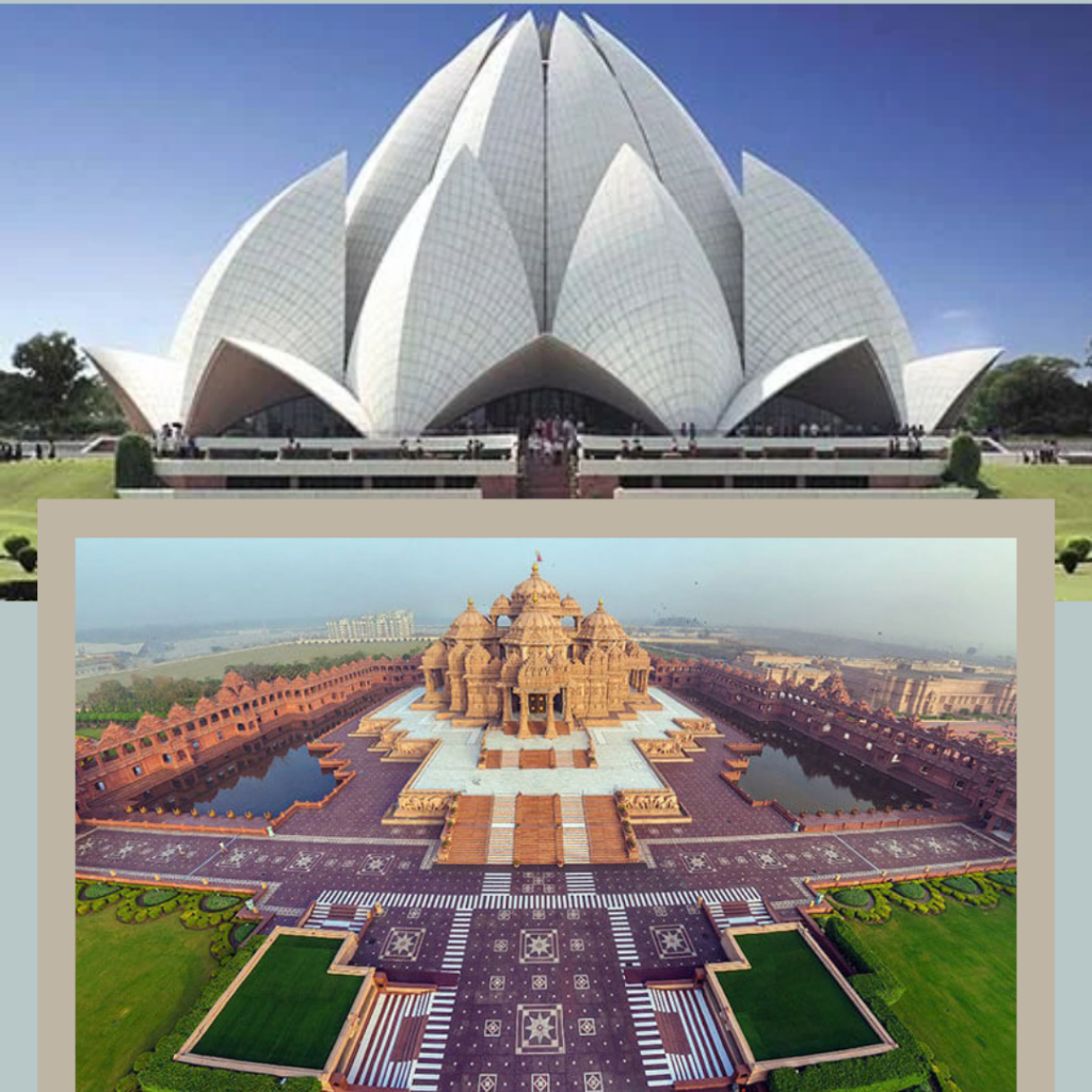 This image is representing the Lotus Temple and Akshardham, the two tourist spots in New Delhi