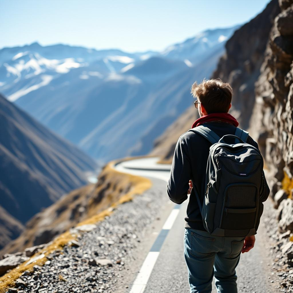 An image showing A young traveller with a backpack walking along a winding mountain road between Kasol to Spiti, with snowy peaks and deep valleys in the background, sunny weather