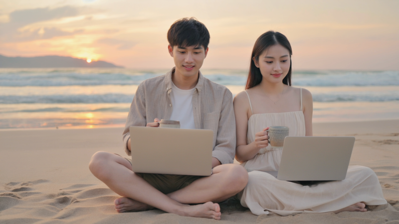 An image of a Couple sitting on a beach with laptops and coffee, a sunrise scene.