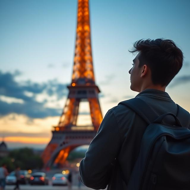 A young traveller standing in front of the Eiffel Tower at dusk, backpack on with an ultimate travel plan to Europe