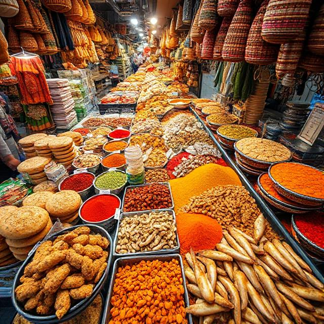 The picture showcases a vibrant high-angle shot of a filled Dubai souk food stall, colourful breads, spices, and seafood on display.