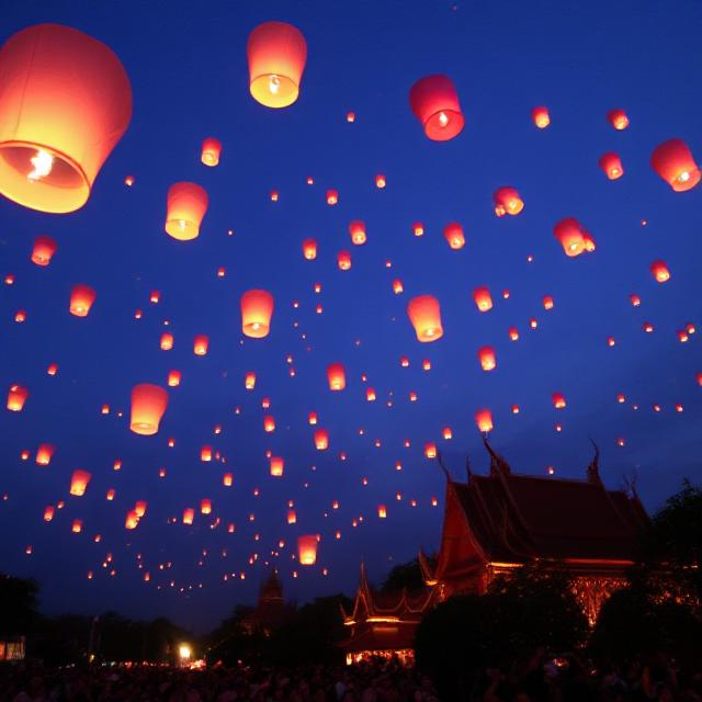 Sky lanterns drifting above Chiang Mai during Loy Krathong – Colourful Festivals in Thailand.