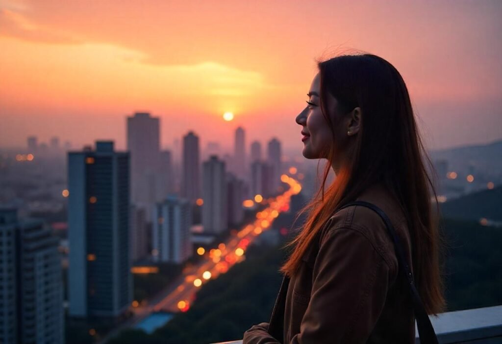 Solo female traveler watching the Seoul skyline at sunset, reflecting inspiration and self-discovery.