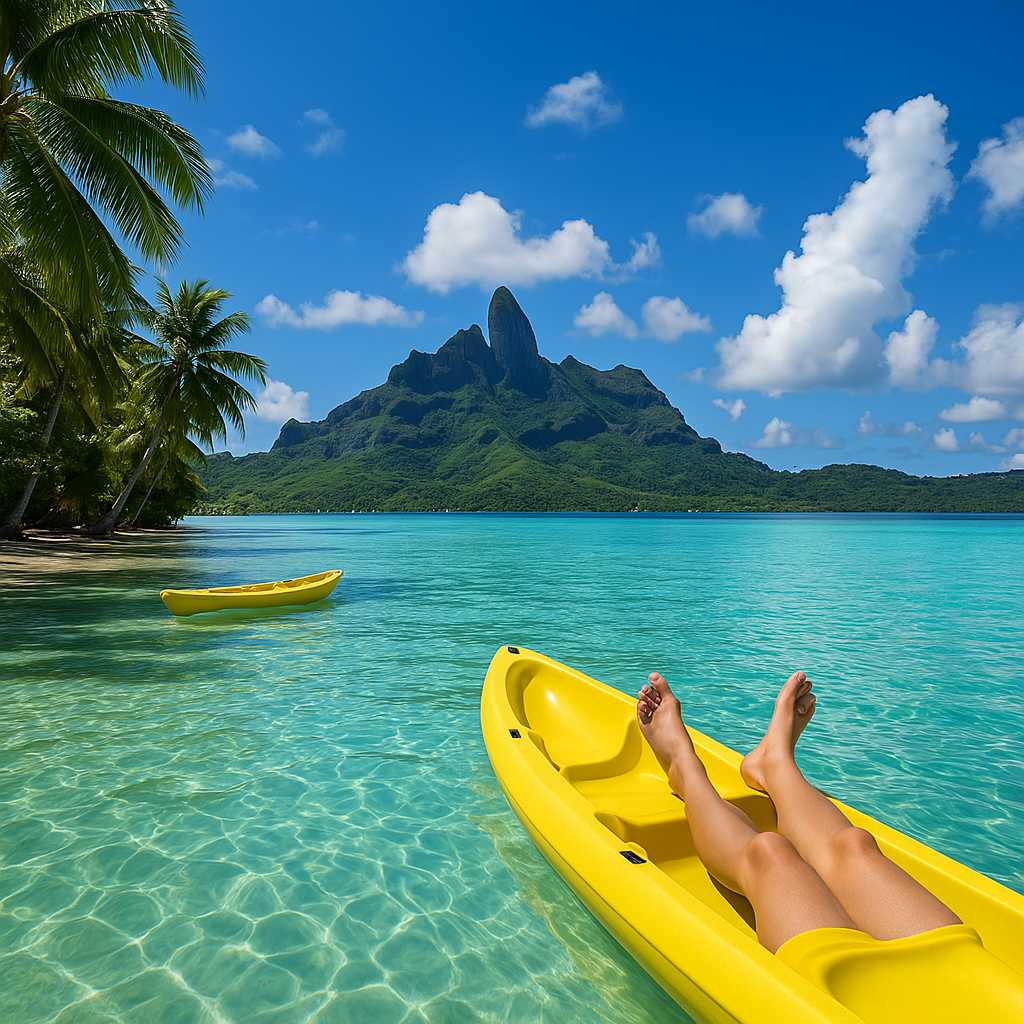 A tranquil lagoon in Bora Bora, where crystal-clear waters meet the serene beauty of the tropical landscape