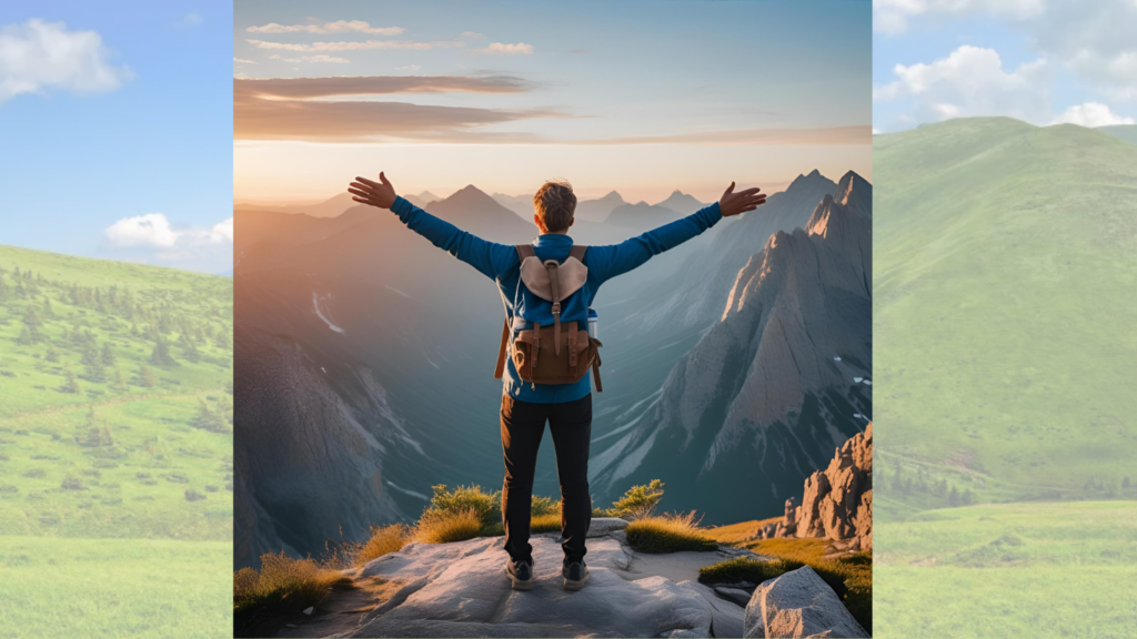 Image represents a backpacker lone traveller standing in a mountaintop vantage point at sunrise, arms wide apart, open to the liberty of self-discovery.