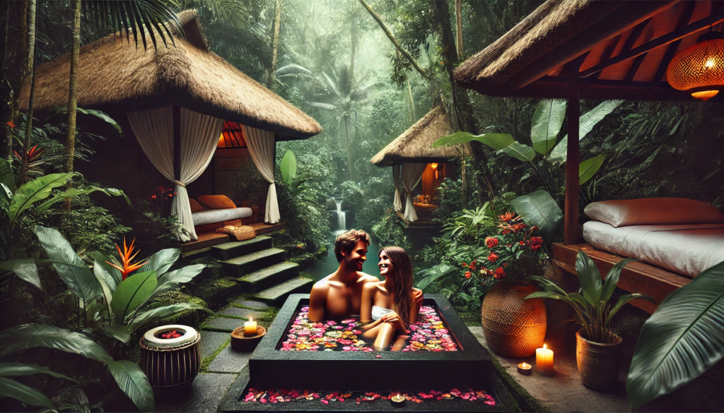 The image is showcasing a couple enjoying a Balinese spa in the open air in the lush jungle of Ubud.