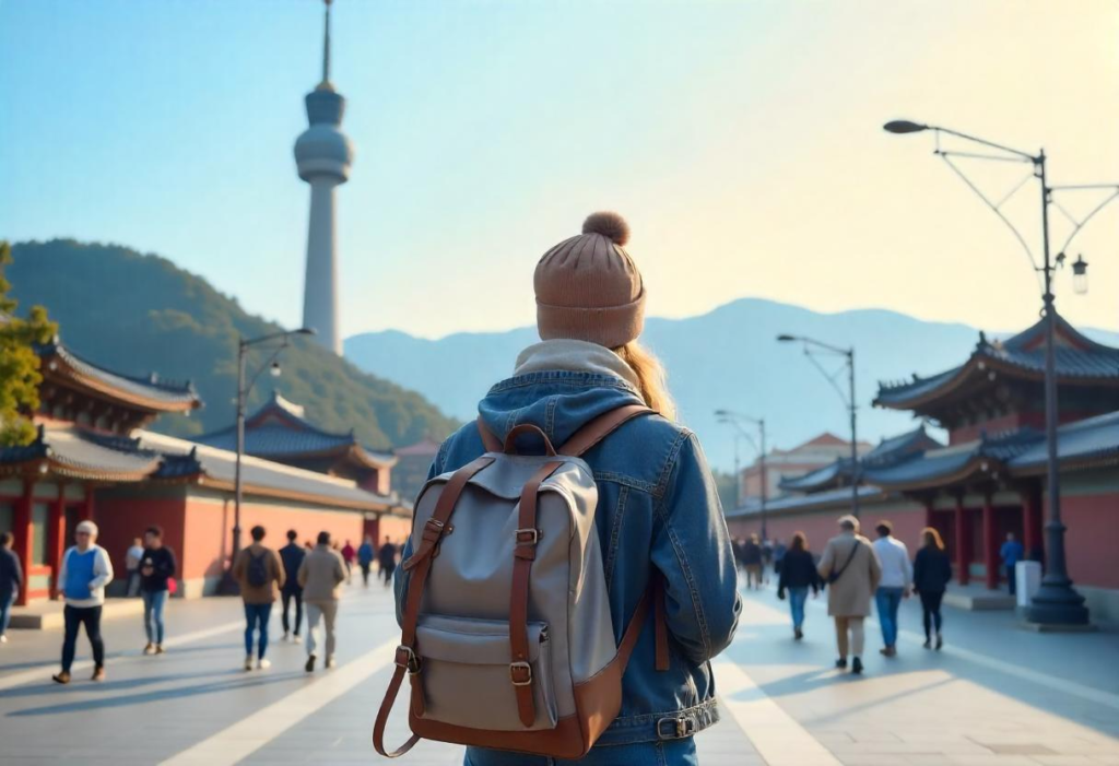 Solo traveler with a backpack in front of Seoul landmarks, representing culture, safety, and cuisine in South Korea.