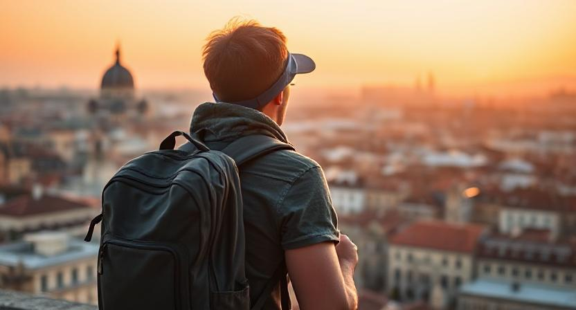 Backpacker with a small backpack looking over a European city skyline at sunrise - low‑cost travel vibe.
