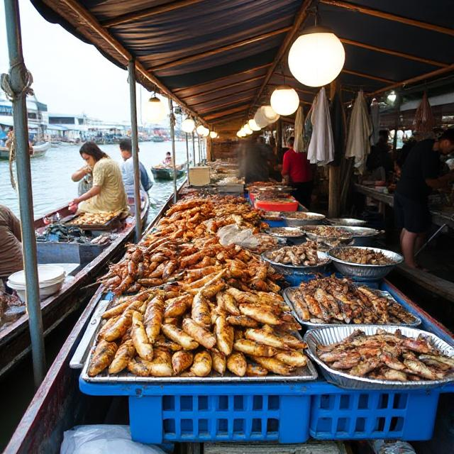 Amphawa market boat with grilled seafood stalls” – secret budget spots in Thailand at Amphawa floating market