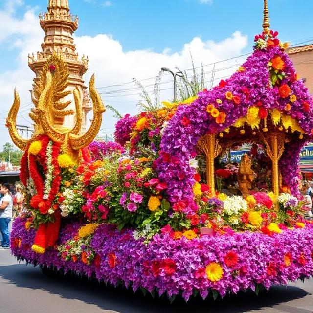 Parade float covered in vivid flowers at Chiang Mai Flower Festival – Colourful Festivals in Thailand.