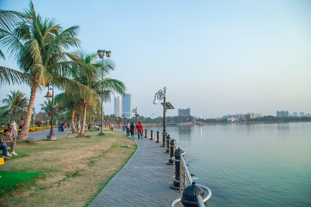 Picture represents view of Eco Park with walking trails and lakes