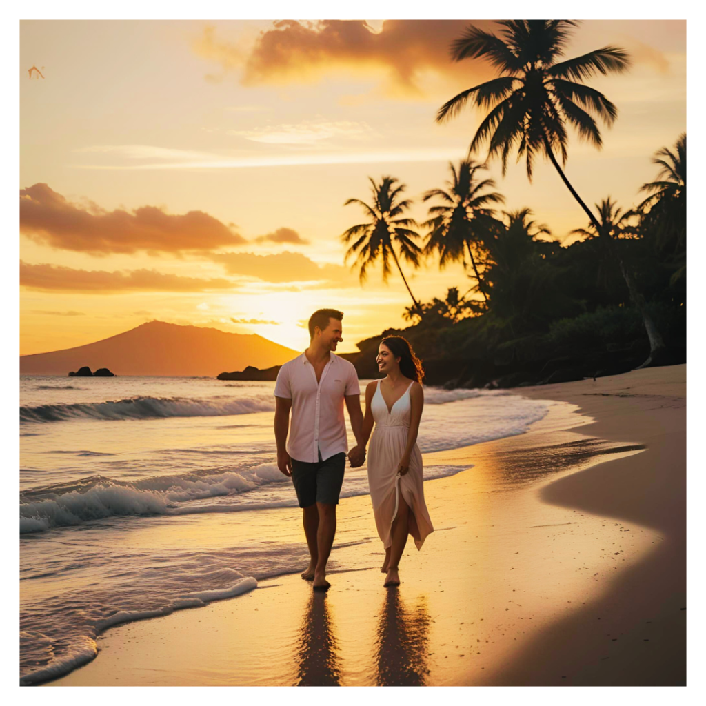 This image shows a happy couple walking along the Bali beach enjoying their honeymoon during sunset.