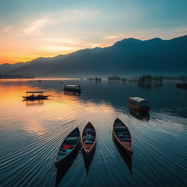 Sunset over Dal Lake in Srinagar with shikaras and houseboats floating peacefully
