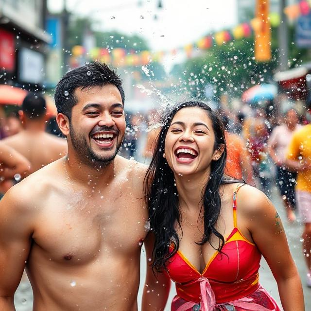 Couple laughing while splashing water during Songkran Festival in Bangkok – Colourful Festivals in Thailand.