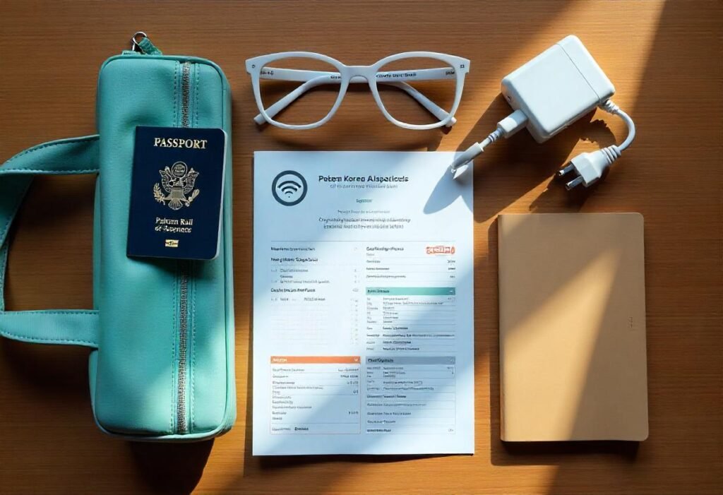 Flat lay of essential solo travel items for South Korea, including passport and travel gear.