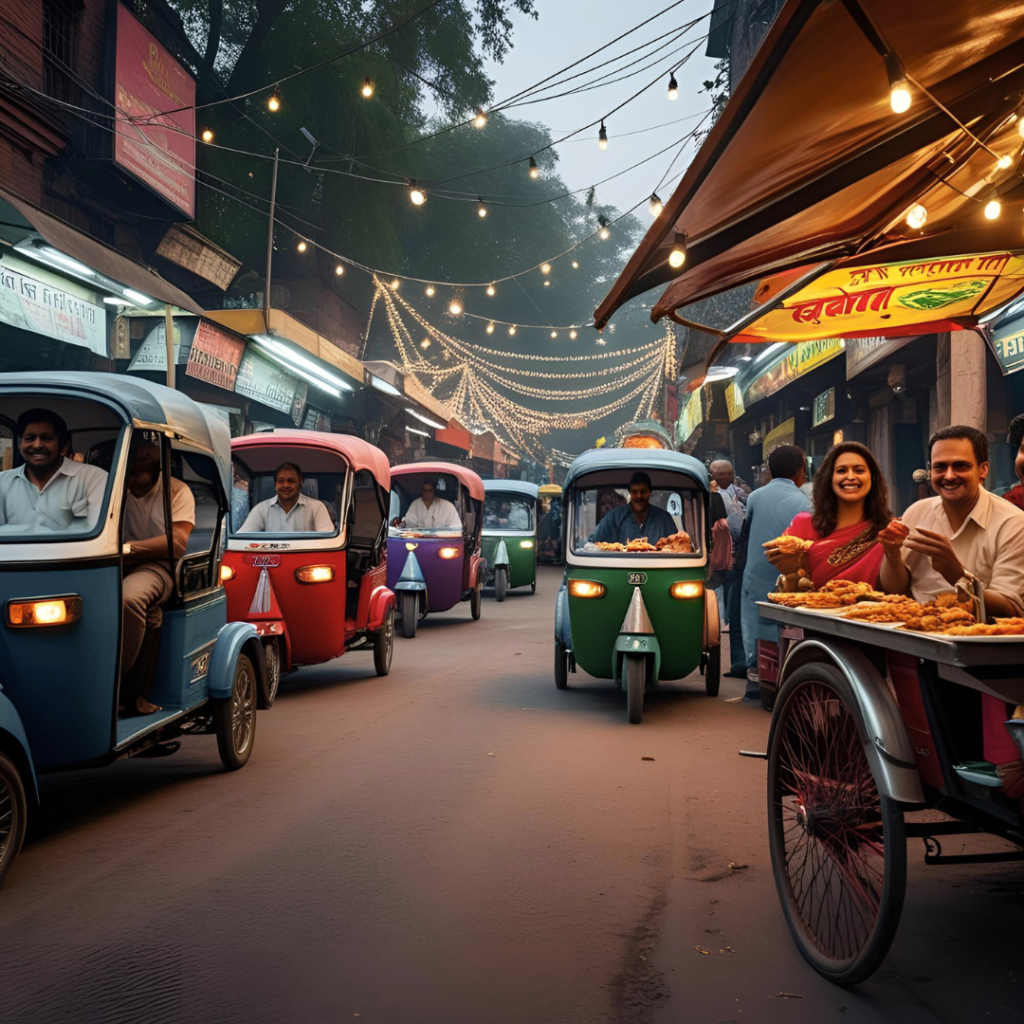 This image represents a busy street of Old Delhi with tourists enjoying street food.