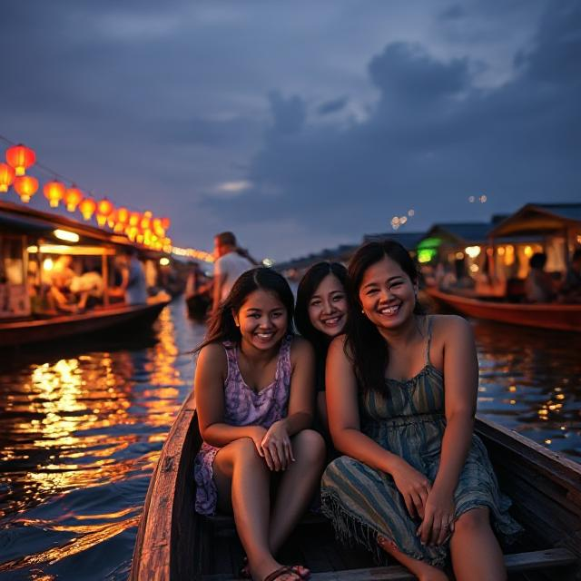 A smiling family on a wooden long-tail boat at Amphawa floating market at sunset, with lanterns and fireflies.