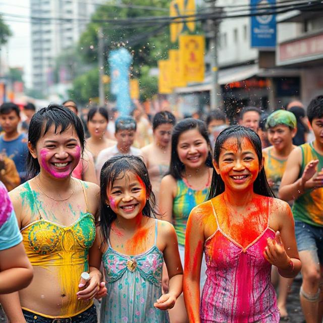 A vibrant street scene at Thailand’s Songkran festival: water splashes, smiling families, colourful powder, Bangkok urban backdrop.