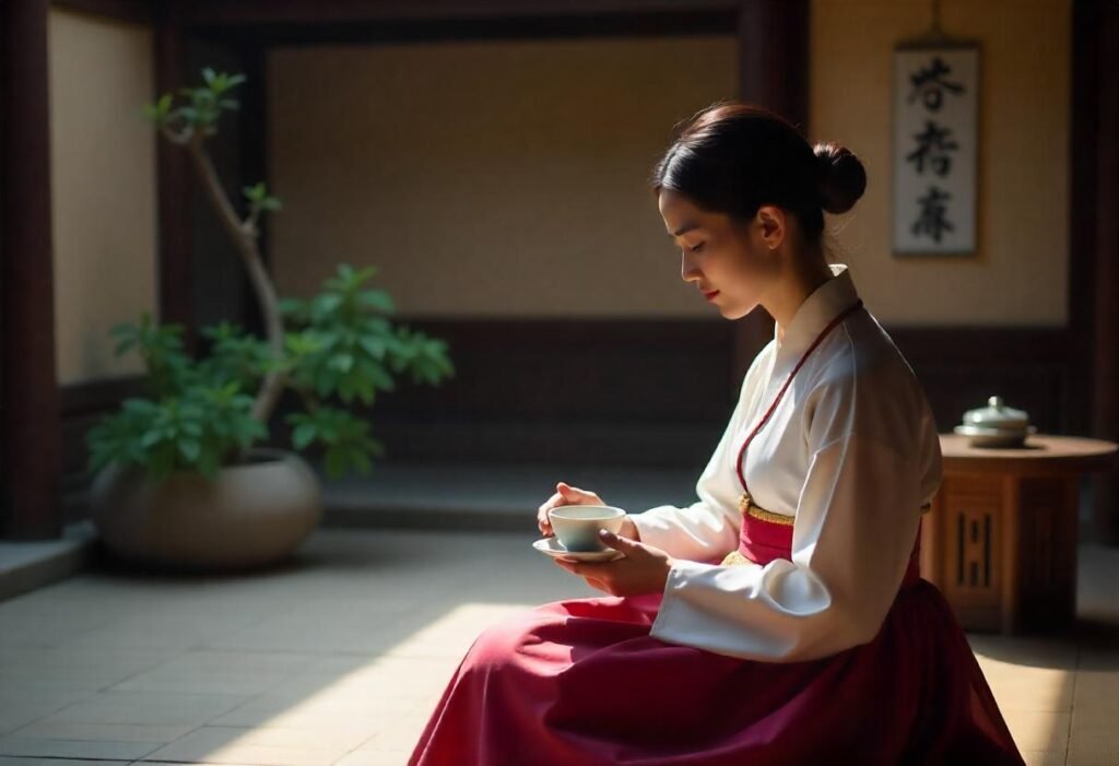 Solo traveler wearing hanbok enjoying traditional Korean tea ceremony.
