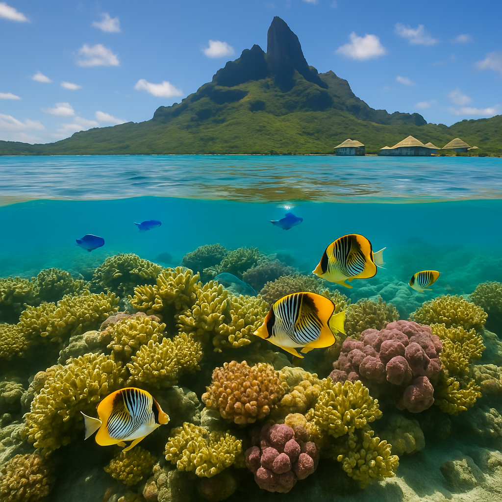 Bora Bora’s coral gardens showcase a mesmerizing underwater world, where vibrant reefs teem with marine life in crystal-clear waters.