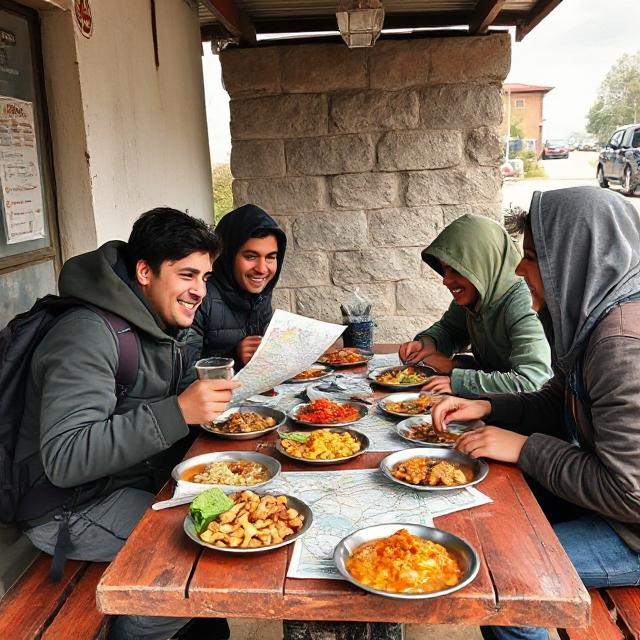 Group of budget travellers eating local food at a roadside eatery in Kashmir, with backpacks and a shared travel map on the table.