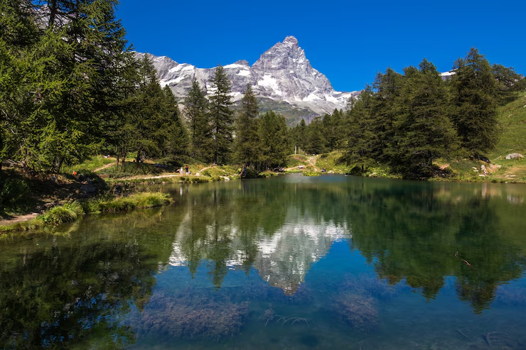 A scenic view of Serolsar Lake surrounded by pine forests under clear blue skies.