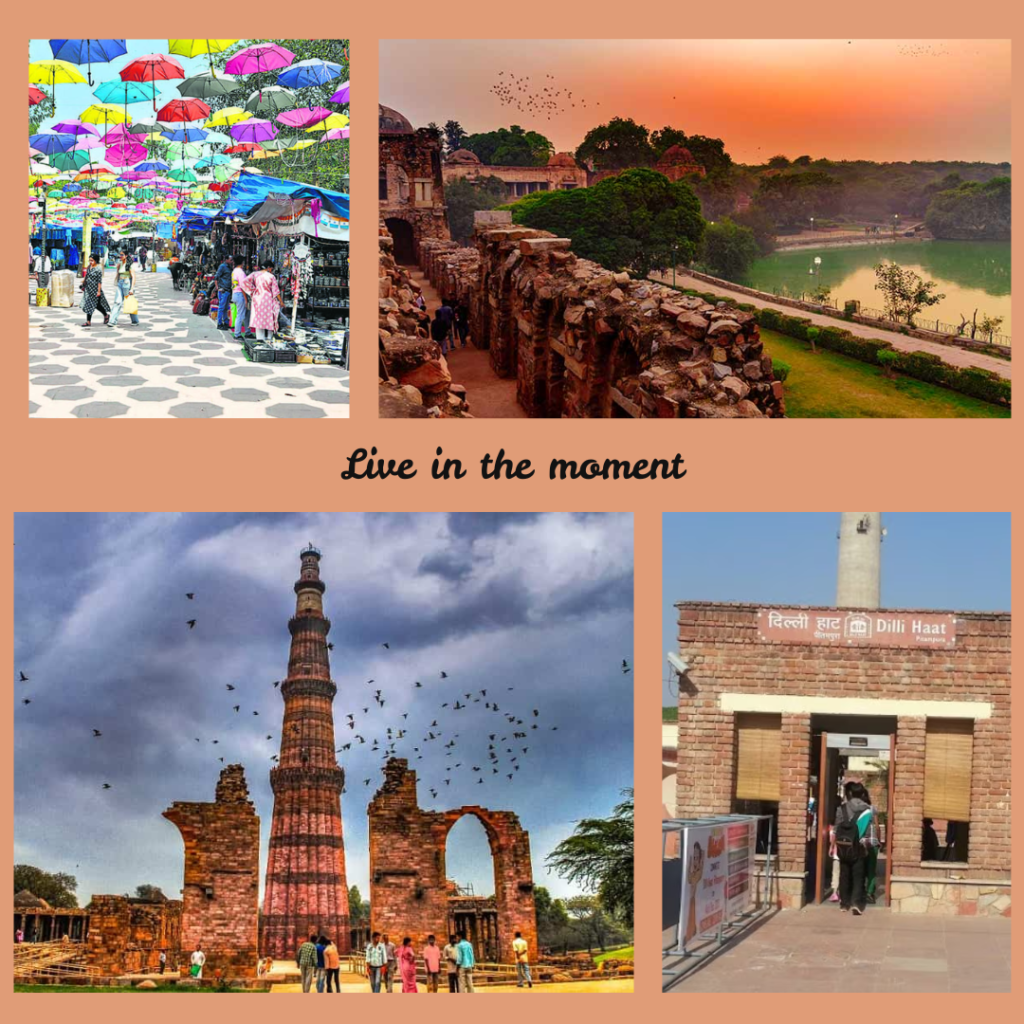 The image portrays the Qutub minar, Dilli Haat and Hauz Khas Village in Delhi