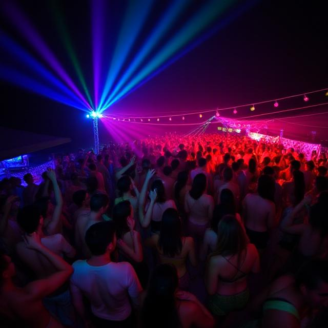 Crowd dancing under neon lights at Ko Pha‑ngan Full Moon Party – Colourful Festivals in Thailand.