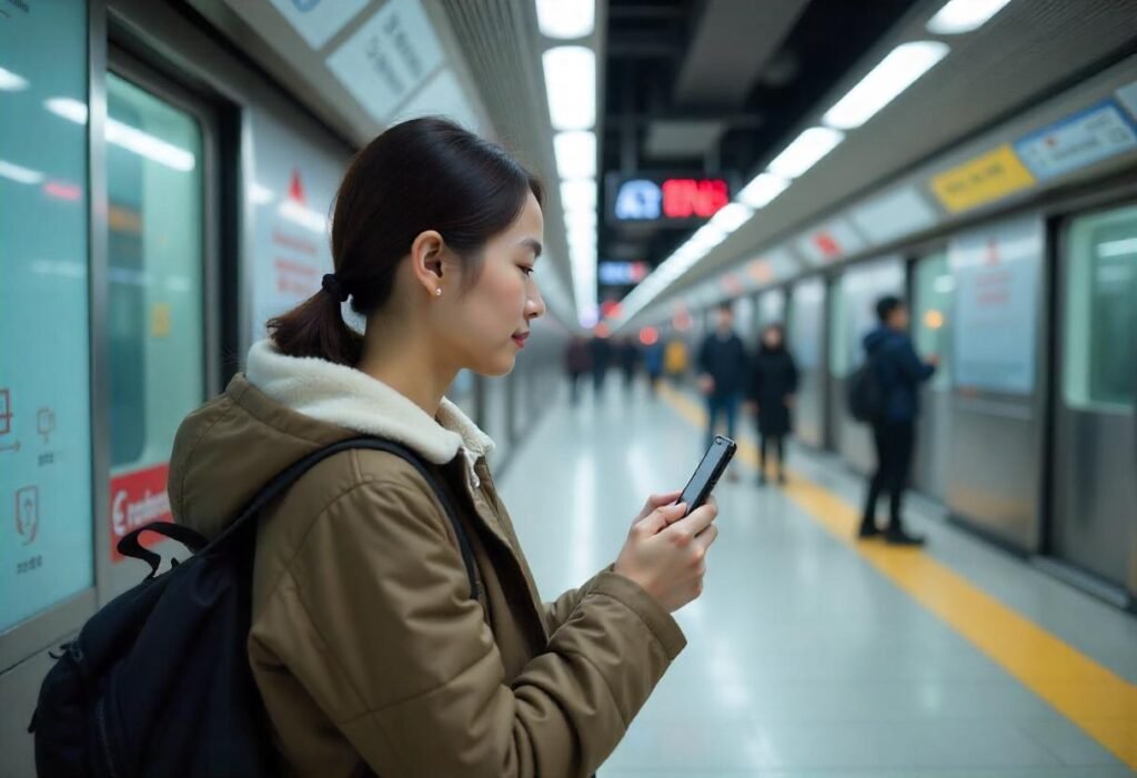 Solo traveler using map app in a modern, well-lit South Korean subway station