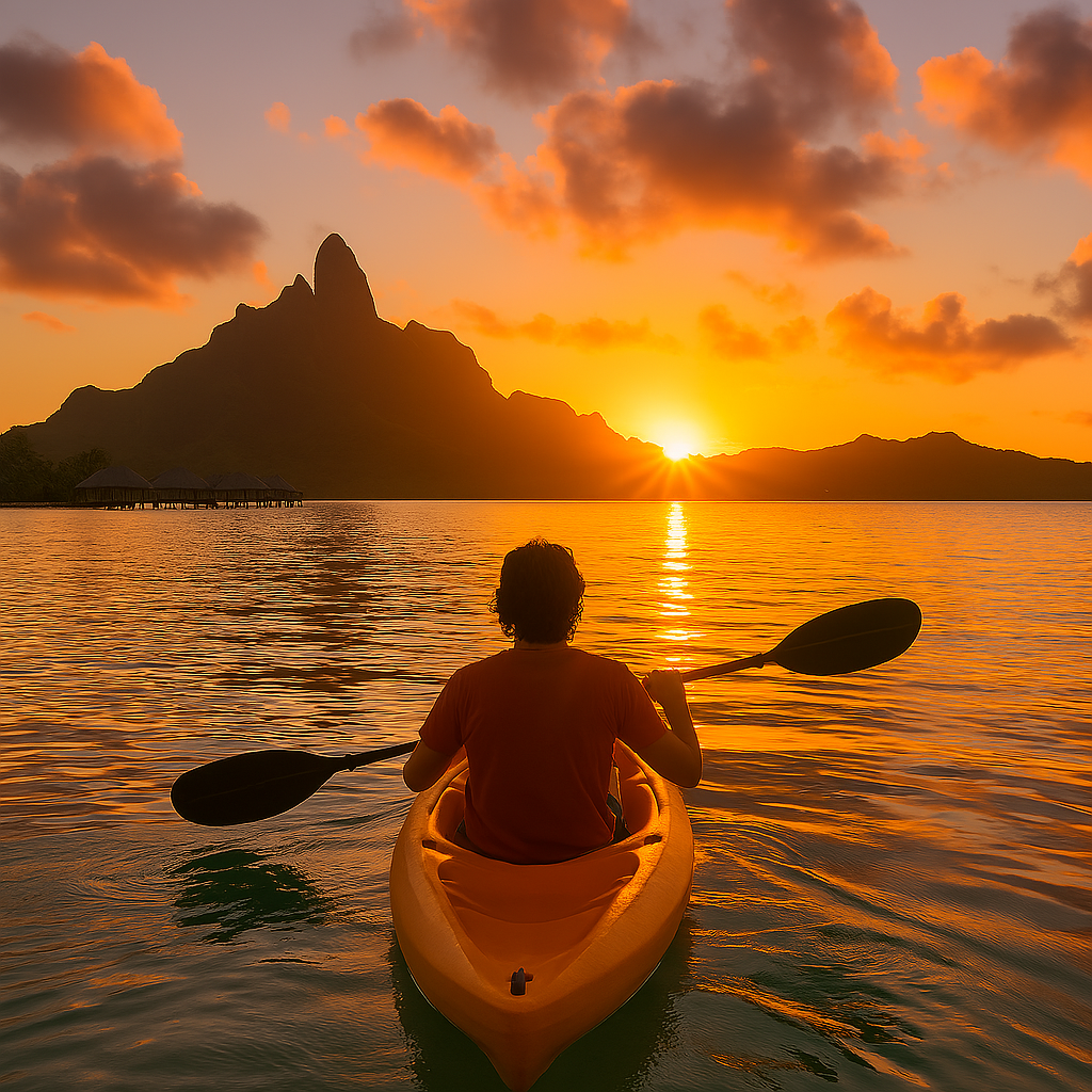 A breathtaking view of Bora Bora’s sunset, with a kayak gliding across calm waters, reflecting the vibrant hues of the sky.