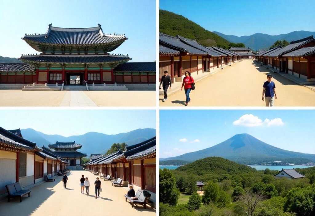 Scenic views of top South Korea destinations: Seoul, Busan, Jeonju, and Jeju Island.