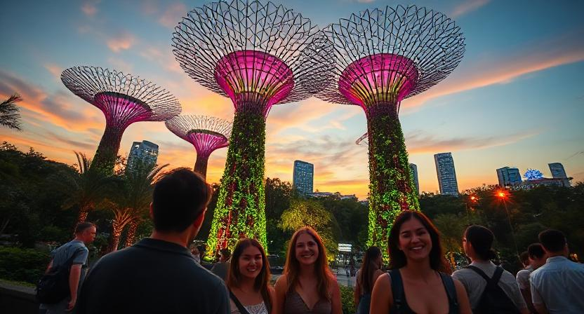 Wide shot of Gardens by the Bay Supertree Grove at sunset, vibrant lights, smiling tourists