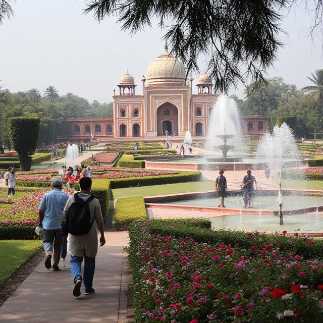 Tourists walking through the Nishat Bagh garden, filled with flowers and fountains