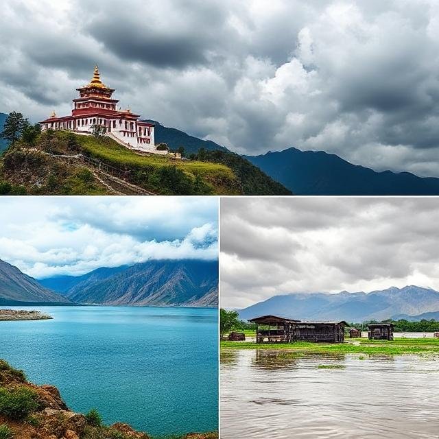A scenic collage showing Tawang Monastery in green hills, Pangong Lake with calm blue water, and a houseboat on Alleppey backwaters under cloudy monsoon skies.