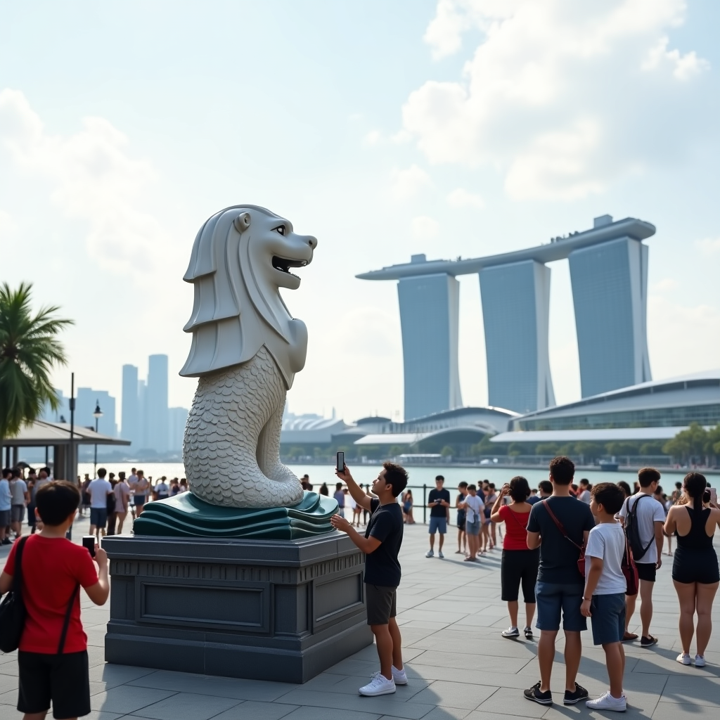 Merlion Park with iconic Merlion statue and Marina Bay skyline – exciting travel to Singapore in unbelievably best budget