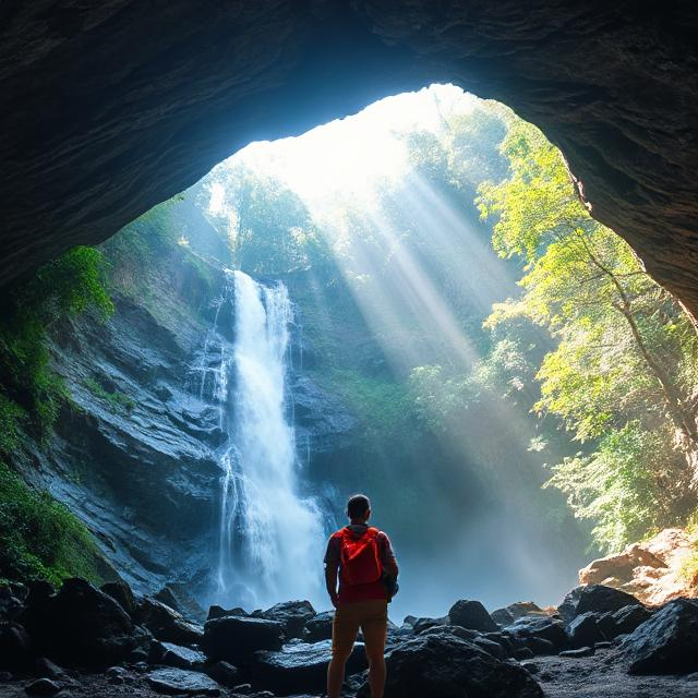 A dreamy shot of Awhum Waterfall spilling into a rocky cave in lush green forest under soft sunshine, with a traveller in bright clothing gazing in awe.