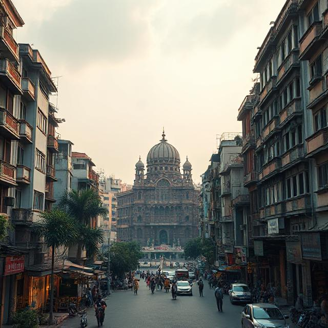 This picture depicts a vibrant collage of Kolkata, showing old buildings, riverside scenes, busy street markets, and local food stalls, capturing the city’s rich culture and energy.