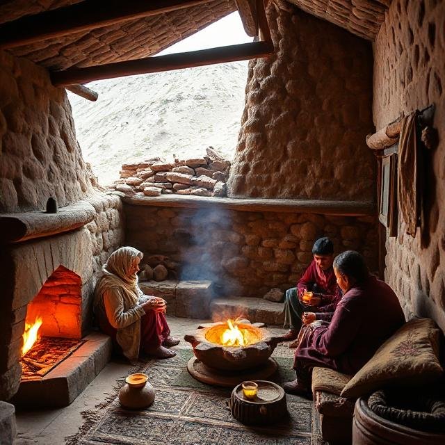 Traditional Ladakhi family inside a mud-brick home in Leh, sipping butter tea around a warm fireplace.