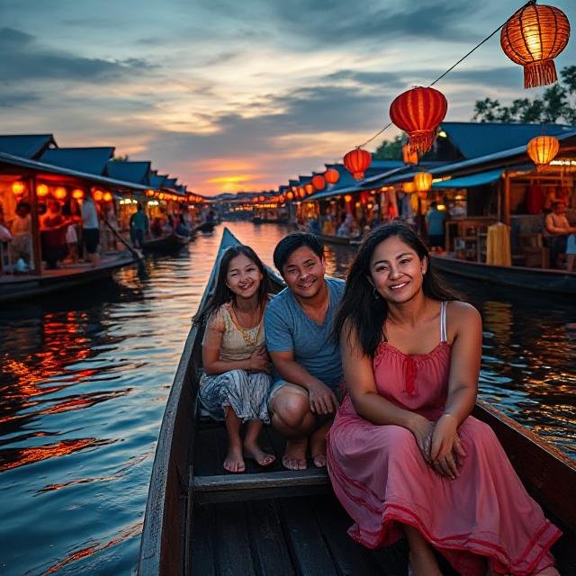 A smiling family on a wooden long-tail boat at Amphawa floating market at sunset, with lanterns and fireflies