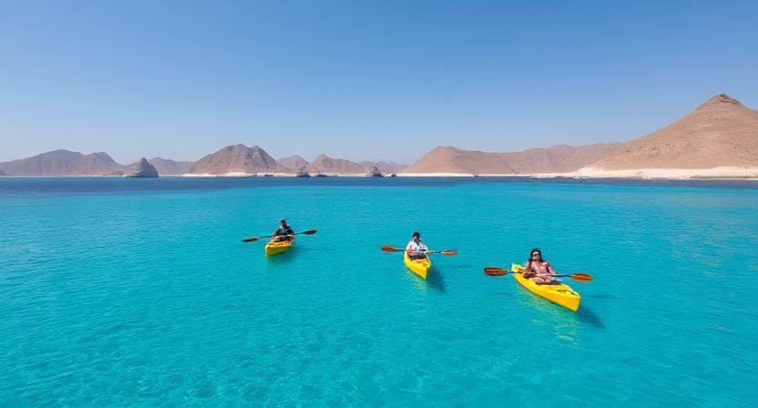 Picture represents Kayaks on turquoise water, surrounded by hills "Dubai"