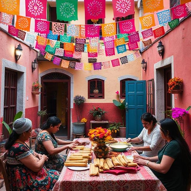 Diaz family in Oaxaca making tamales together in a colorful courtyard during Día de los Muertos: Blissful homestay experience
