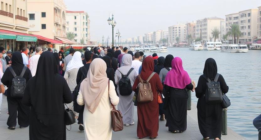 Picture depicting Tourists at Dubai Creek dressed in modest clothing.