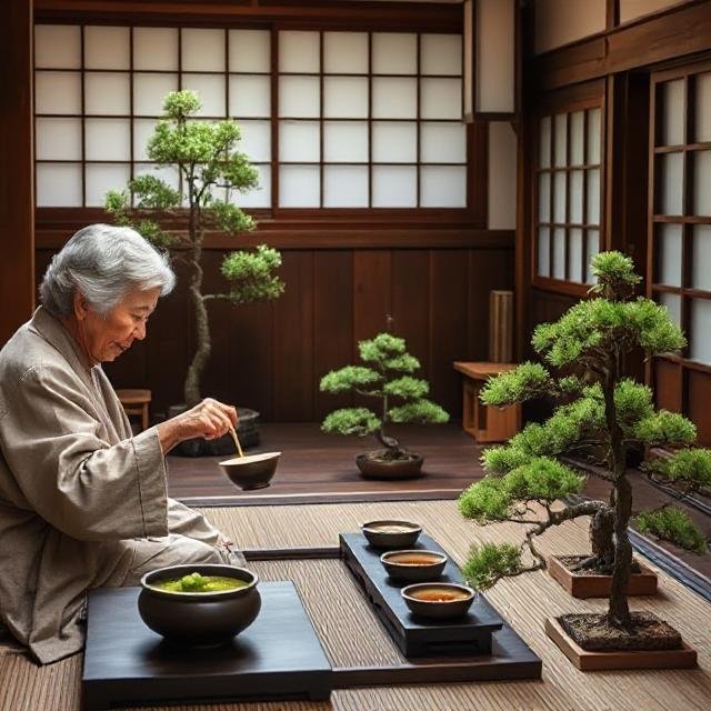 Elderly host performing a tea ceremony beside bonsai trees in a wooden Kyoto ryokan.