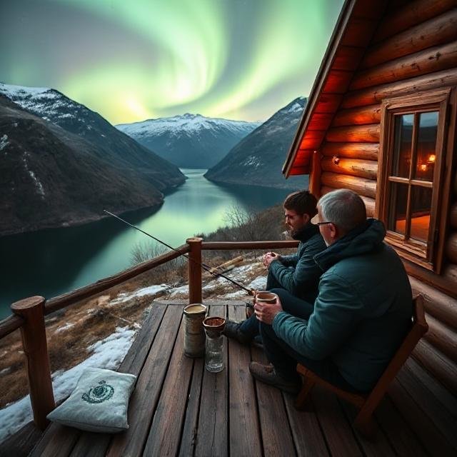 Guest and host fishing by a fjord and watching Northern Lights from a warm wooden cabin in Flam.