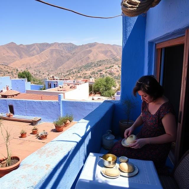 Moroccan host teaching guest to make mint tea and bread in a blue house in Chefchaouen.