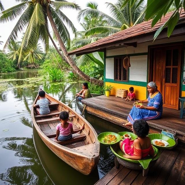 Kids commuting by canoe near a backwater homestay in Kerala, with banana leaf meals being served.