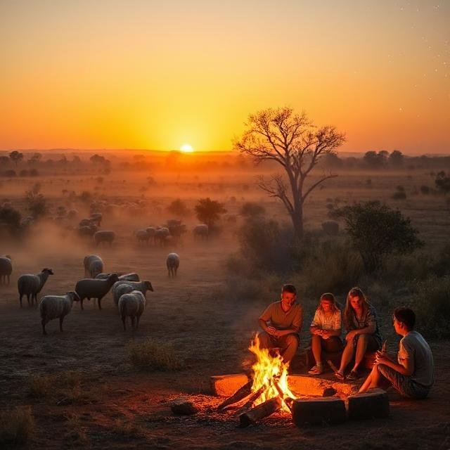 Guests herding sheep and enjoying a starry night campfire with a rural family in Queensland.