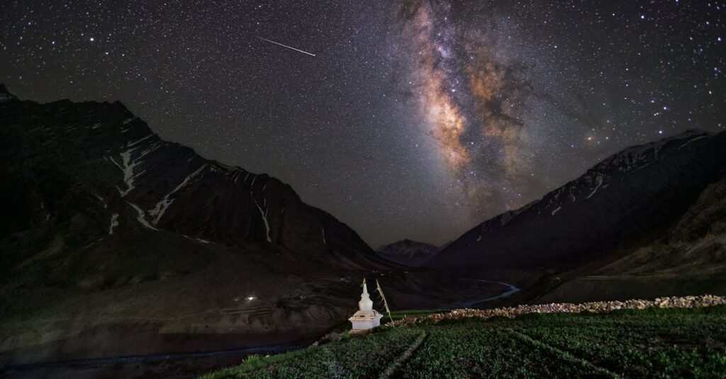 Milky Way galaxy over a scenic valley in Kaza, Himachal Pradesh, India at night.